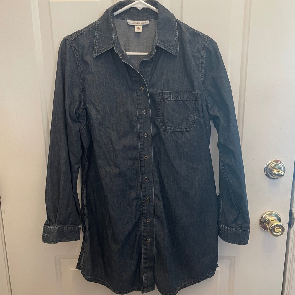 Coldwater Creek Dark Wash Denim Chambray Button Down Tunic Shirt Cotton Womens S - Picture 2 of 7
